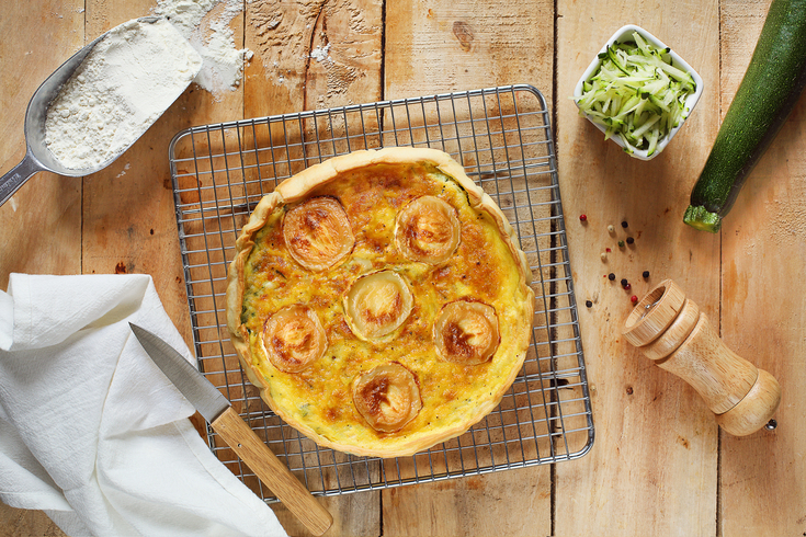 Recette quiche courgettes lardons chèvre Soignon