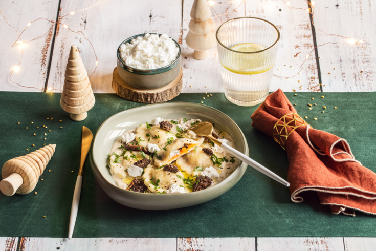 Recette de réveillon : ravioles au Fouetté de chèvre, butternut et morilles