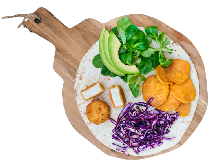Wrap Hack avocat, chèvre chaud, patate douce et mâche