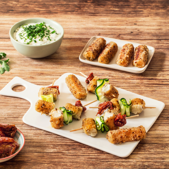 Brochettes de Croustis Chèvres, courgette et tomates confites