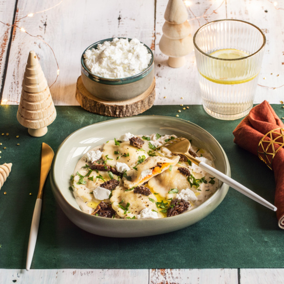 Ravioles au Fouetté de chèvre, butternut et morilles