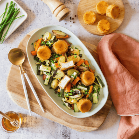 Légumes rôtis au miel et chèvres chauds
