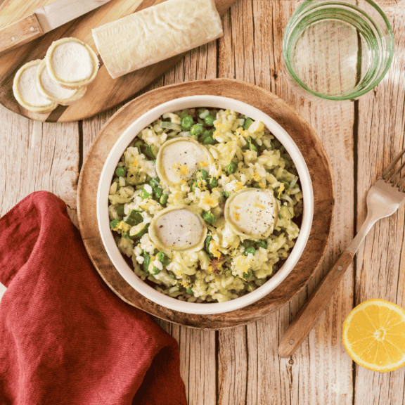 Risotto aux petits pois et courgette, bûche Soignon